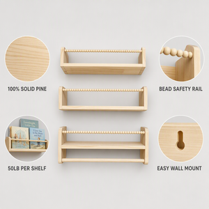 Estante de Pared Multifuncional Moderno de Madera Maciza de Tres Niveles <span class=keywords><strong>para</strong></span> Habitación Infantil, Sala de Estar, Barra de Seguridad con Cuentas, Barra <span class=keywords><strong>para</strong></span> Colgar, Almacenamiento de <span class=keywords><strong>Libros</strong></span> - Product Image 5