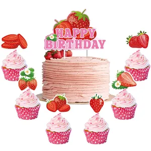 惠兰13pcs蛋糕装饰用品可爱红色草莓蛋糕礼帽女婴生日派对装饰
