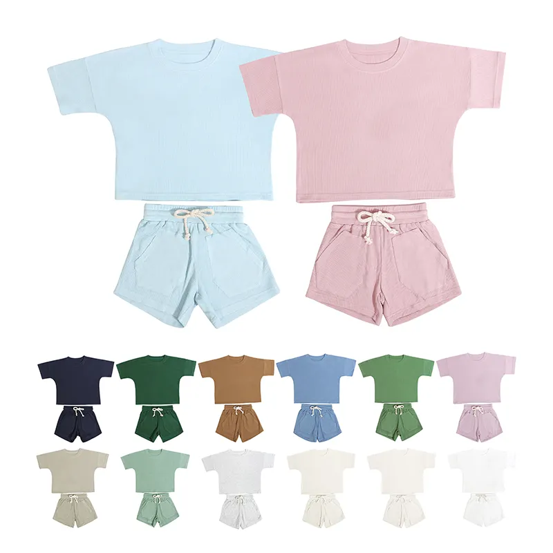 Özel nakış organik çocuk giysileri kısa kollu bahar yaz düz renk bebek kız giyim setleri