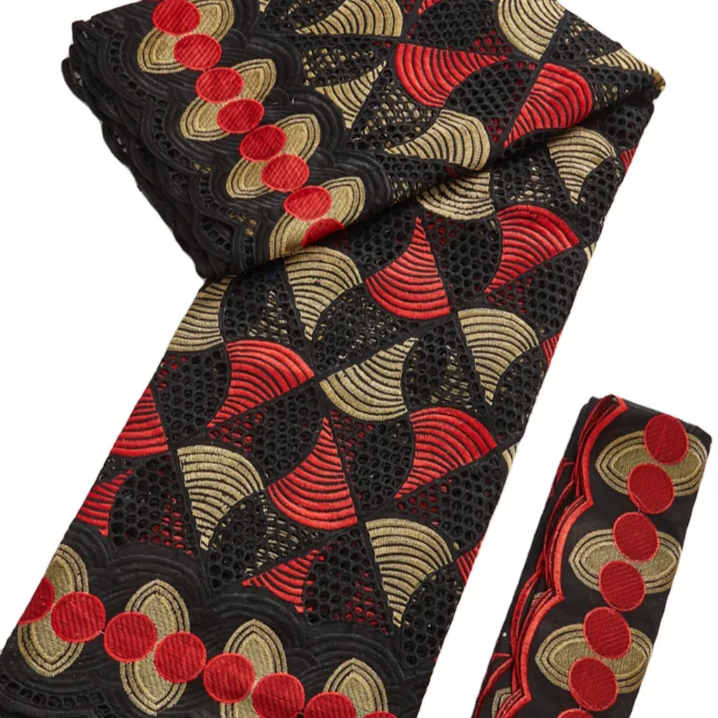 Dentelle suisse en coton, broderie africaine, rouge, noir, 5 + 2Yards, tissu de robe nigériane, collection 2022, Style 2688