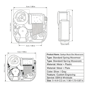 Mecanismo de Caja Musical Sankyo de 18 Notas, Metálico Plateado, con Parada Automática, Mecánico de Cuerda, Tamaño Estándar con Tornillos y Llave - Product Image 2