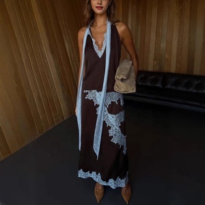 OUDINA Conjunto de Dos Piezas de <span class=keywords><strong>Moda</strong></span> al por Mayor para Mujer, Falda <span class=keywords><strong>Midi</strong></span> Holgada Informal sin Mangas con Encaje y Costuras de Satén - Product Image 1
