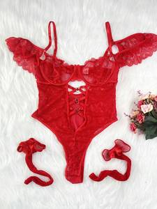 Luxury Front Lace up <strong>Basque</strong> Base Undergarments Cut Out Lace Bridal Red Push up Underwear Lace Bodysuit Women Bodysuits - Product Image 4