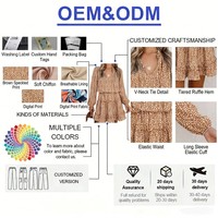 Gaun Mini Cetak Motif Cokelat Kambing Berbintik, Kerah V, Lengan Panjang Model Lentera, Pinggang Tinggi Elastis, Ruffle Bertingkat, Gaya Boho Chic, OEM ODM