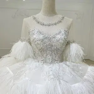 feather Custom Luxury Gorgeous Appliqued Lace Sequined Tulle Long Sleeve Beading Lace Ball Gown Luxury Crystal Wedding Dresses