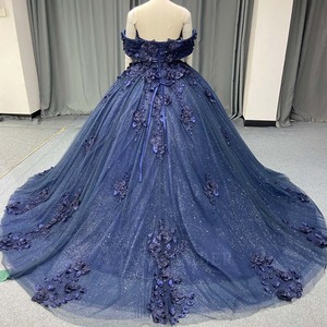 Robe de Quinceañera moderne bleu marine Lsany285 avec appliques florales 3D, tulle scintillant, robe de bal, traîne chapelle, corsage en cœur - Product Image 3