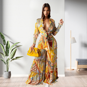 Ensemble 2 pièces décontracté pour femme : haut court imprimé à lacets et pantalon large - Product Image 3