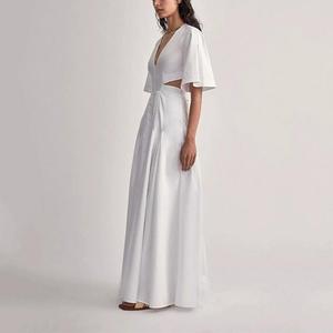 2023 Plain Ladies Summer Clothing V Neck Show Back Waist Pure <strong>White</strong> <strong>Maxi</strong> Pleated Elegant Gentle Women's Dress - Product Image 3