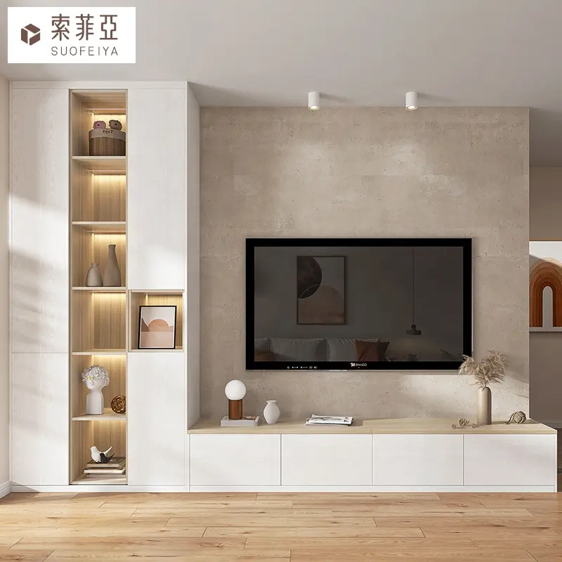 SUOFEIYA 간단한 현대 디자인 평면 TV 벽 단위 나무 TV 캐비닛 스탠드 세트 디자인