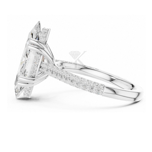 Anillo de compromiso con corte marquesa en oro amarillo, banda de diamantes pavé de varias filas, doble halo oculto, elegante joya nupcial. - Product Image 4