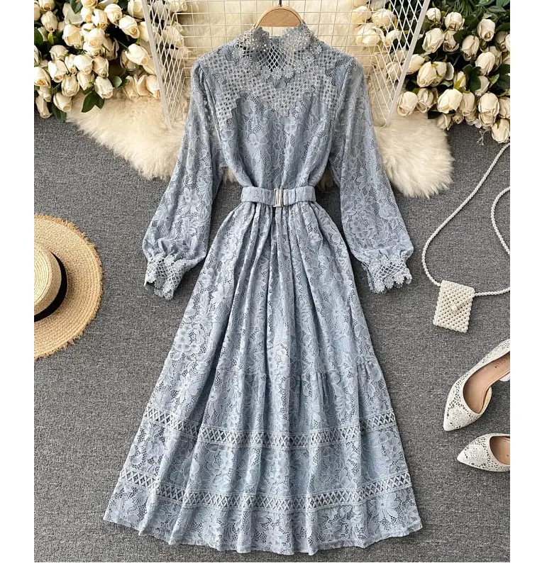 Fall winter women New design Long sleeve Hollow Out Lace elegant casual Stand empire midi dress