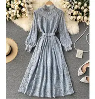 Sonbahar kış kadın yeni tasarım uzun kollu oyma dantel zarif rahat standı İmparatorluğu midi elbise