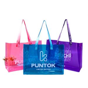 Trendy Colorful Holographic PVC Tote Bags, Stylish Clear Handbags for Women, Logo-printed Gift Bags - Product Image 1