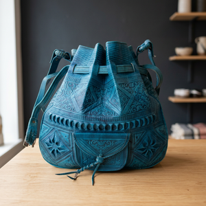 Sac à dos en cuir véritable bleu fait main avec fermeture à cordon, style classique, sac de voyage durable pour femmes - Product Image 3