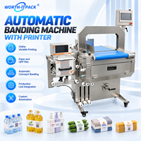 Machine de cerclage automatique pour gâteaux, pains et aliments, avec convoyeur à bande, connectée à une imprimante de date et d'informations en ligne