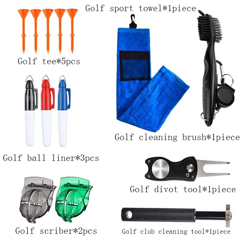 Golf club cleaning kit tool with sports towel+ cleaning brush+golf scriber+golf ball liner,total 14pcs accessories