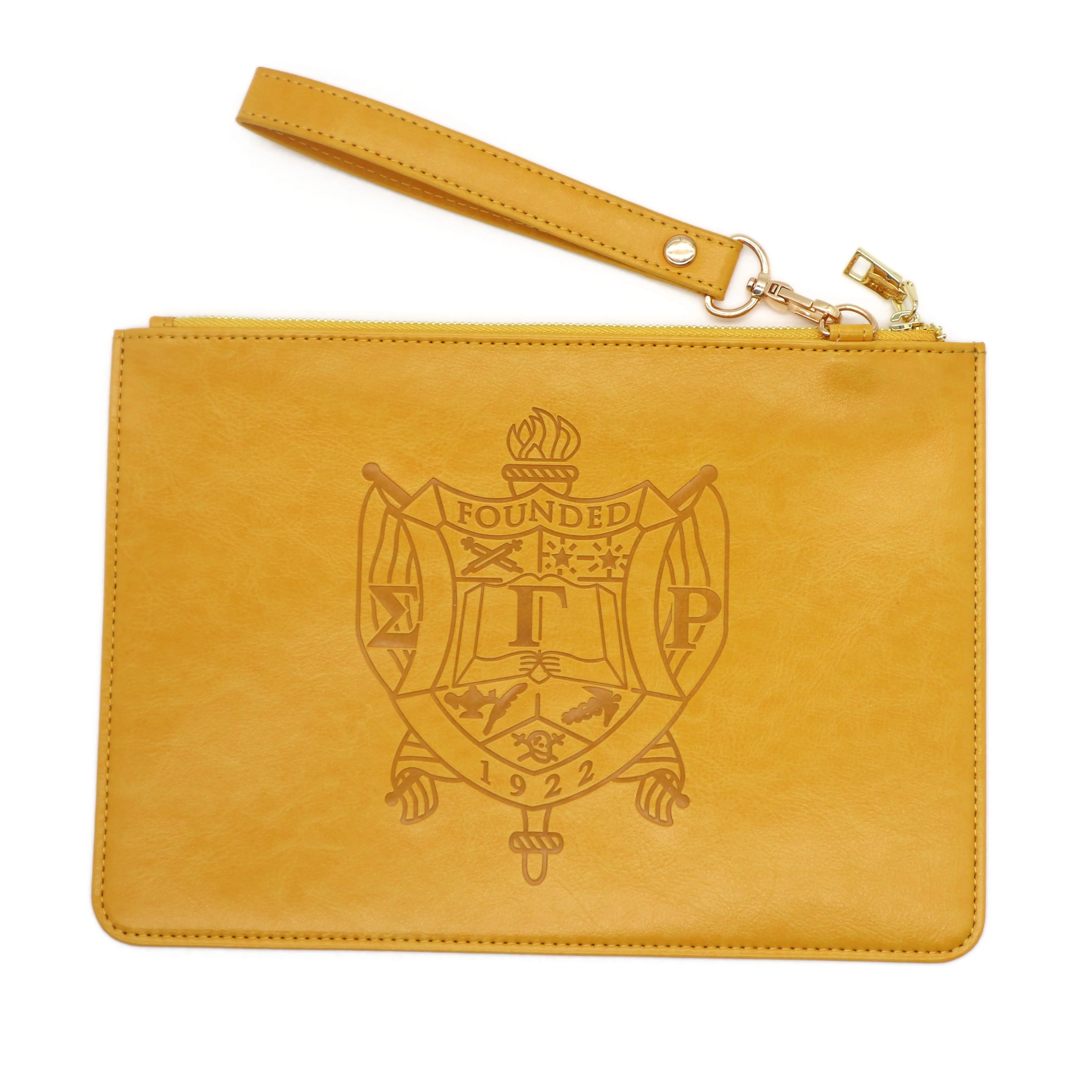 Bolsa de mão de couro feminino Sigma Gamma Rho de ouro pronta para enviar Bolsa de pulseira de Irmandade com alça