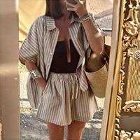 Ensemble 2 pièces rayé pour femme : chemise oversize à manches courtes et short à taille élastique – Tenue décontractée assortie pour femme