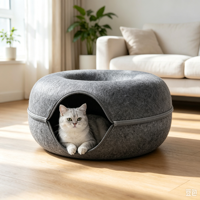 Nouveau Lit Rond en Feutre pour Chat, Doux et Chaud, Semi-Fermé, Maisonnette Respirante et Confortable pour Animaux, Nid de Chat en Forme de Donut pour Intérieur et Extérieur