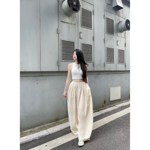 High Quality Eco-Friendly Waterproof Streetwear Lace Painted Wide Leg <b>Summer</b> Beige Color <b>Women</b> Pants <b>Trousers</b> Slimming Casual - Product Image 2