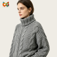 Pull en maille à col haut pour femme, hiver 2026, CG, texturé, 100% polyester, manches longues, couleur unie, coupe ample, OEM