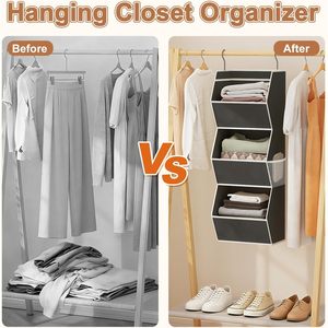 Hanging Closet Organizer 3 Shelf Foldable Fabric Storage With Mesh Pocket For Clothes Bedroom Use - Product Image 6