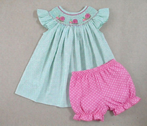<b>Girls</b> Hand Smocked Mint Stripe <b>Dress</b> <b>Pink</b> Snail Applique Flutter Sleeve Infant Toddler Summer Vacation Outfit - Product Image 5