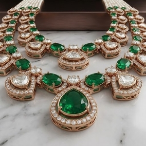 Elegant 925 Silver Green Stone Pearl Layered <b>Necklace</b> and Earrings Set for Women Traditional Indian Jewelry Wedding Party Wear - Product Image 3