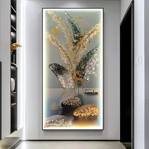 Pintura de porcelana de cristal de Lujo + arte de pared de diamantes sala de estar decoración del hogar MARCO DE PLUMAS pintura