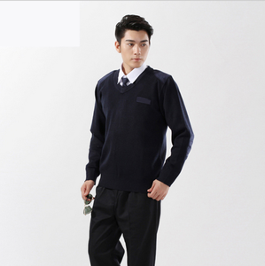 Gilet de sécurité en gros à col en V, pull d'hiver pour hommes du personnel, bleu marine et noir, avec écusson - Product Image 2