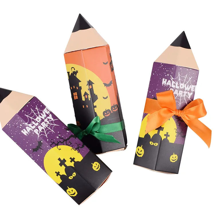 Barato reutilizável personalizado novo design forma de lápis, de halloween papel de presente, caixa de doces