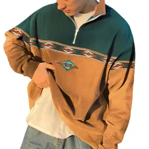 2023 New Arrivals Vintage Aztec Style Men's Half Zip Patchwork Polo Long Sleeve Pullover Sweatshirt