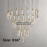 Lustre moderne en verre en forme de goutte de pluie de 36 pouces, en laiton, avec éclairage LED suspendu pour salon