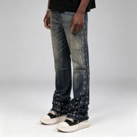 SOONREE Jeans évasés personnalisés pour hommes avec œillets, fournisseur OEM, pantalon en denim à pattes d'éléphant de haute qualité avec œillets argentés, directement de l'usine