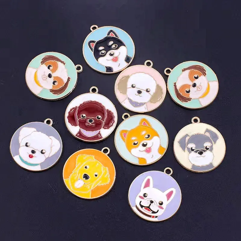 Bulat lucu Tag anjing Bulldog Teddy Shiba liontin hewan kartun Enamel pesona