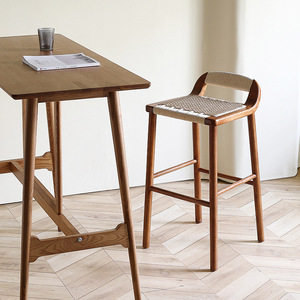 Modern Solid Wood High <strong>Bar</strong> Stool Dining Kitchen Counter Vintage Woven <strong>Height</strong> Lounge Chair Nordic Luxury <strong>Breakfast</strong> Commercial Use - Product Image 2