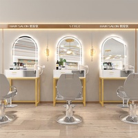 Ensemble de mobilier de salon de coiffure portable moderne avec table de coiffage de luxe à LED, miroir et rangements personnalisés, miroirs assortis pour usage hôtelier et salle de bain