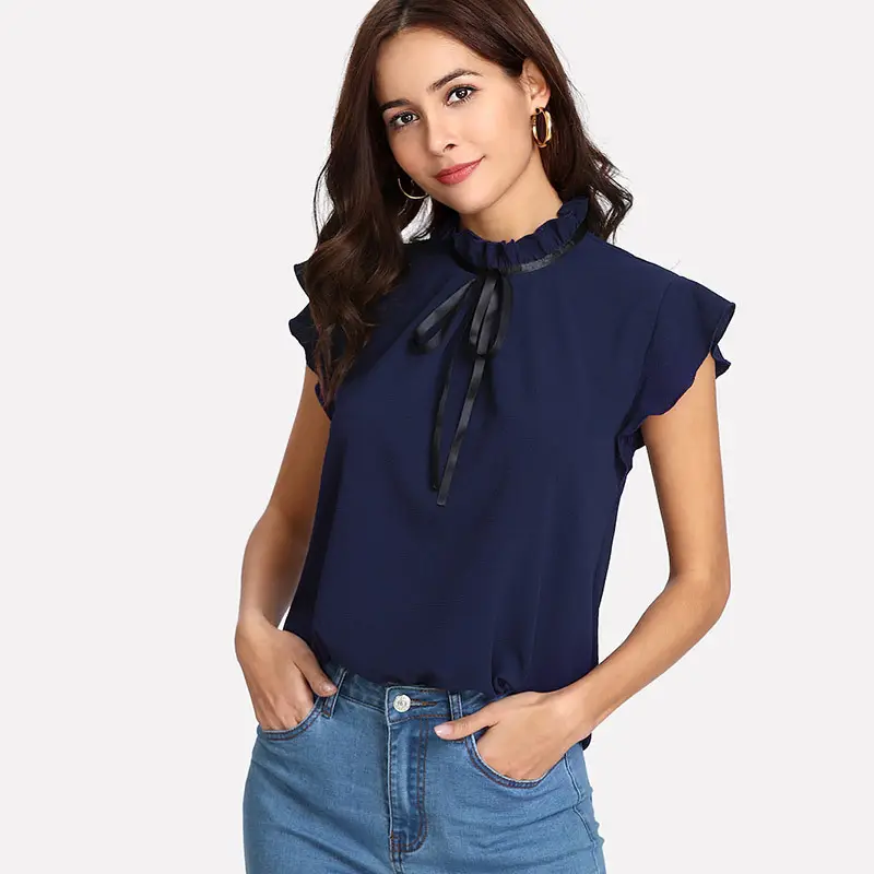 Mulheres Tops E Blusas 2019 das Mulheres Ocasional Elegante Tampa de Manga Comprida Gravata borboleta Camisa Chiffon Sólida Blusa Tops Camisas Mujer nova