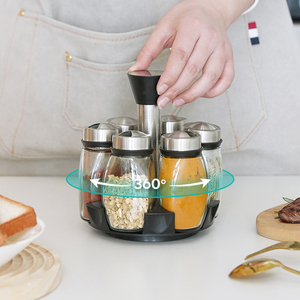 Countertop Rotatable Revolving <strong>Spice</strong> Rack Organizer Set Glass Seasoning <strong>Condiment</strong> Jar 3-opening Stainless Steel Lid - Product Image 3