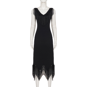 Vestido Elegante y Chic para Mujer, Estilo Negro con Flecos, Cuello en V Asimétrico, Sin Mangas, Sexy, de Moda, para Fiesta, Maxi Vestido - Product Image 6