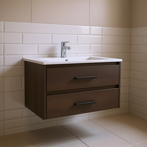 Praga - Mueble de Baño Flotante con Lavabo, 2 Cajones, Madera Marrón Oscuro, Montado en la Pared, Estilo Contemporáneo - Product Image 2