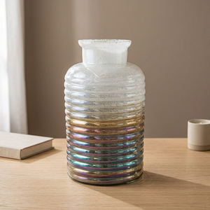 Iridescent Ribbed Handmade Eco-Friendly Glass Vase Translucent Vintage Tabletop Wedding Candle Holder Round - Product Image 2