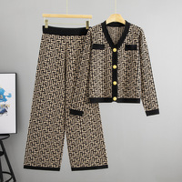 Ensemble deux pièces pour femme, cardigan ample en tricot anti-rides à motifs géométriques, tendance automne-hiver + pantalon large décontracté