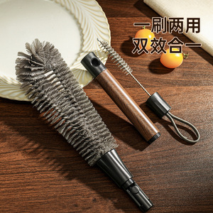 Cepillo de limpieza 2 en 1 con mango de madera, cepillo para botellas y tazas con herramienta para rincones, cerdas flexibles para uso en la cocina - Product Image 1