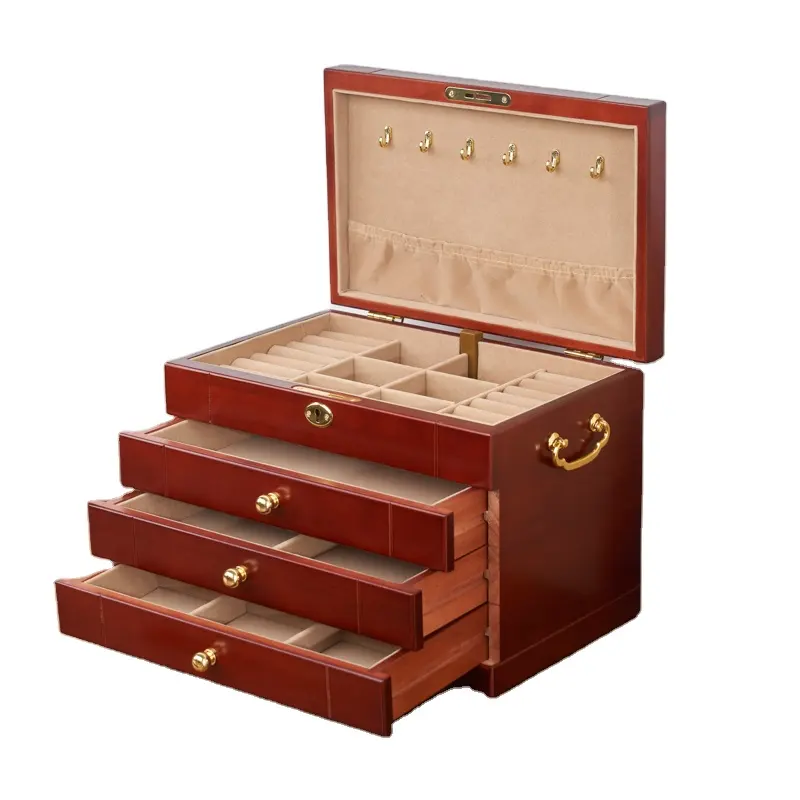 Household Retro antique Wooden Chinese Style Household Flannel Storage Jewelry Box with Lock