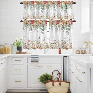 Ensemble de rideaux et cantonnières de cuisine à motifs floraux printaniers, style ferme, feuilles d'eucalyptus, rideaux de fenêtre à volants, 3 pièces - Product Image 2