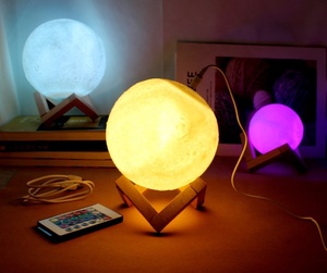Modern 16-Color <b>Remote</b> Touch <b>Control</b> USB Rechargeable Moon <b>Lamp</b> Lights Dimmable Bedroom Indoor Use Wood Base Plug-In Battery - Product Image 4
