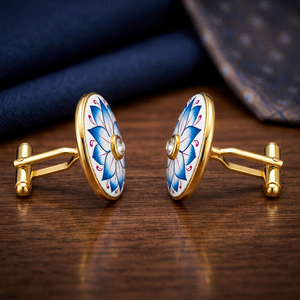 Handmade Enamel Blue Lotus <b>Cufflinks</b> for <b>Men</b> Brass Gold Plated Formal Anniversary Birthday & Party Wedding Wear - Product Image 4