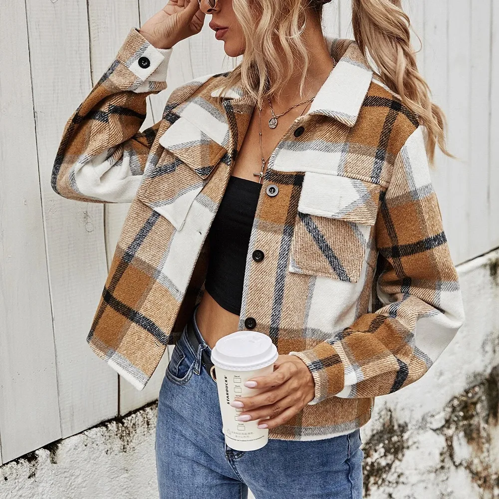 2022 Fall Fashionable Woolen Long Sleeve Outerwear Cropped Plaid Jackets For Women