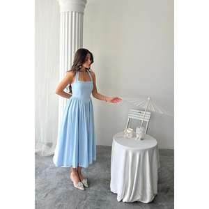 เดรสผ้าลินินสีน้ำเงินแบบผูกคอ ทรงเอ เอวธรรมชาติ ระบายอากาศได้ดี สวมใส่สบายๆ - Product Image 4